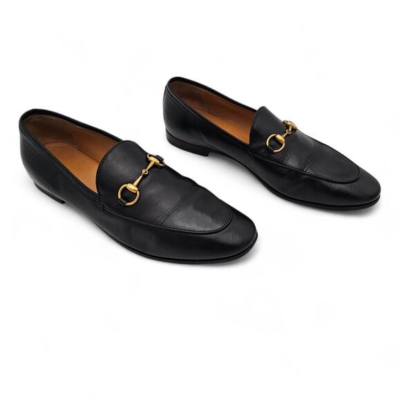 Gucci Jordaan Horsebit Slip On Flat Loafer Black Leather Gold Size 40 US 10 - Picture 1 of 12